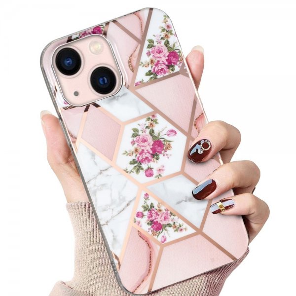 iPhone 15 Plus Suojakuori Marmorikuvio Kukkia Pinkki