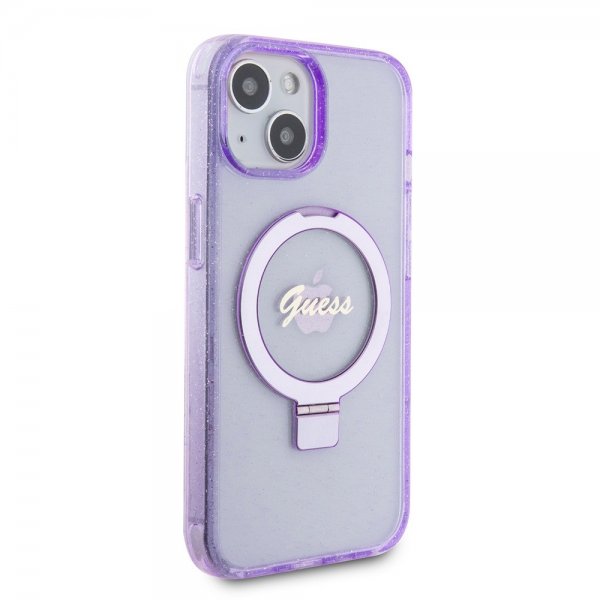 Guess iPhone 15 Plus Suojakuori Sormusteline Glitter MagSafe Violetti