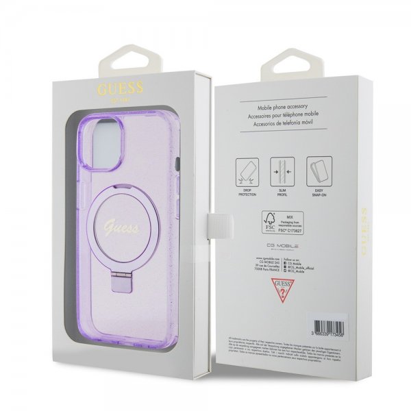 Guess iPhone 15 Plus Suojakuori Sormusteline Glitter MagSafe Violetti