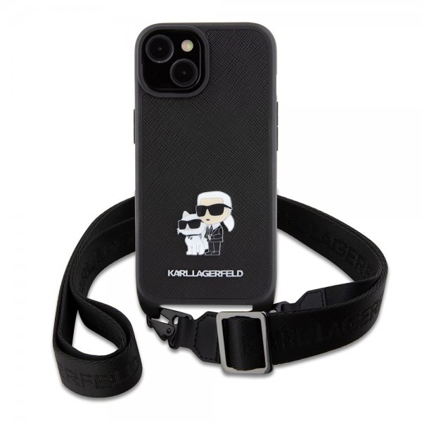 Karl Lagerfeld iPhone 15 Plus Suojakuori Saffiano Karl & Choupette Crossbody Musta
