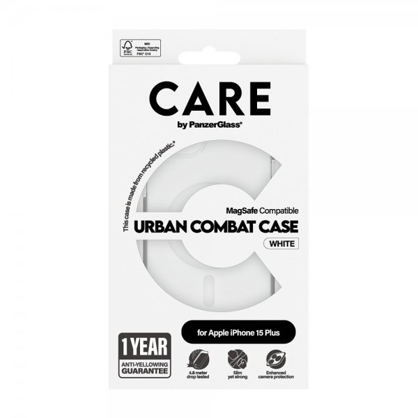 CARE by PanzerGlass iPhone 15 Plus -suojakuori, Urban Combat, MagSafe, valkoinen