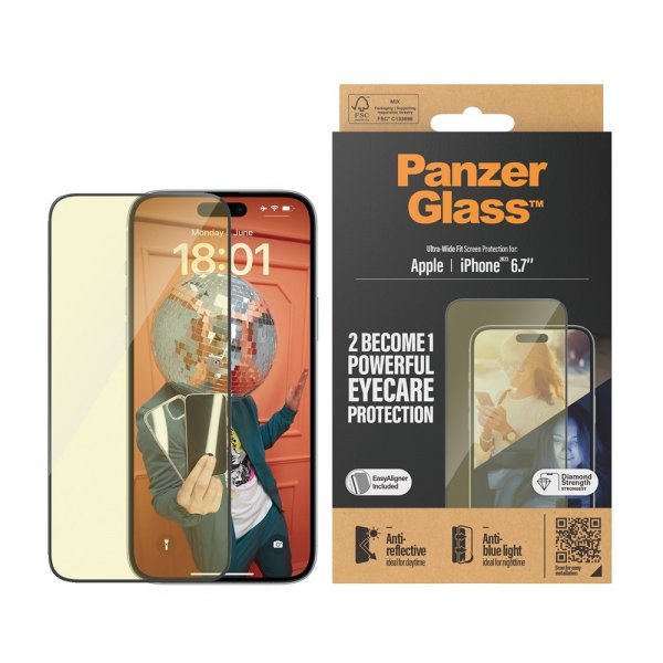 PanzerGlass iPhone 15 Plus Eyecare Ultra-Wide Fit EasyAligner -näytönsuoja