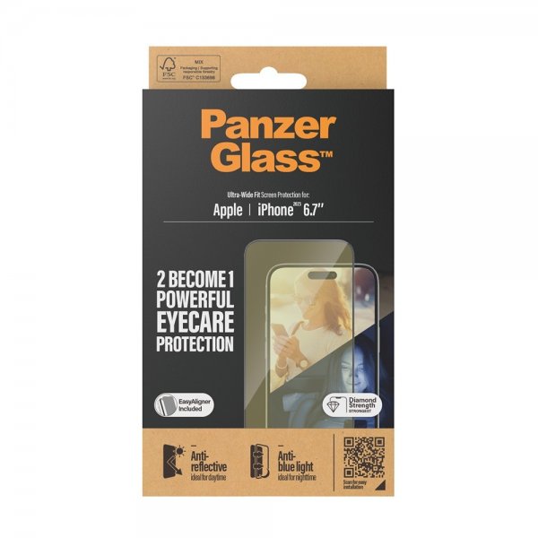 PanzerGlass iPhone 15 Plus Eyecare Ultra-Wide Fit EasyAligner -näytönsuoja