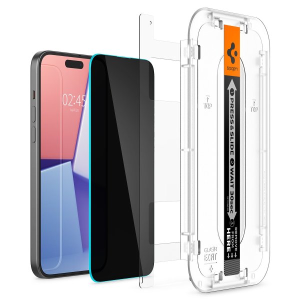 Spigen iPhone 15 Plus -näytönsuoja GLAS.tR EZ Fit Privacy 2-pakkaus