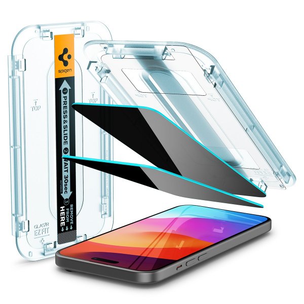 Spigen iPhone 15 Plus -näytönsuoja GLAS.tR EZ Fit Privacy 2-pakkaus