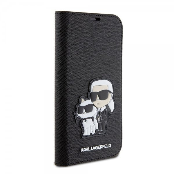Karl Lagerfeld iPhone 15 Pro -suojakotelo NFT Karl & Choupette Patch Saffiano Musta