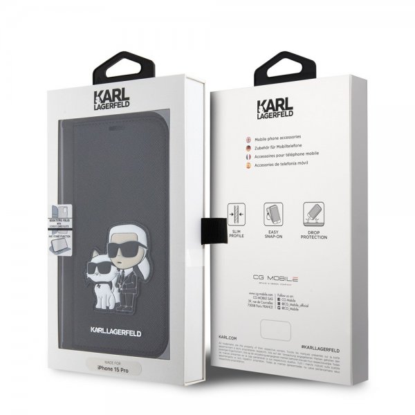 Karl Lagerfeld iPhone 15 Pro -suojakotelo NFT Karl & Choupette Patch Saffiano Musta