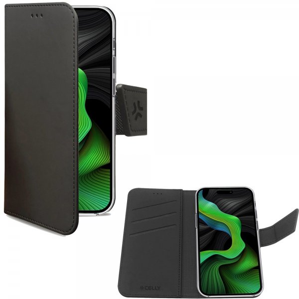 Celly iPhone 15 Pro -kotelo, Wally-lompakkokotelo, musta