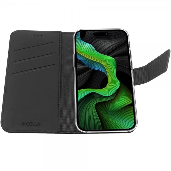 Celly iPhone 15 Pro -kotelo, Wally-lompakkokotelo, musta