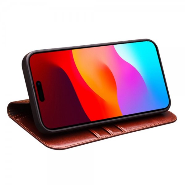 Qialino iPhone 15 Pro Max -kotelo, aitoa nahkaa, ruskea