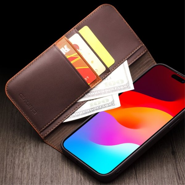 Qialino iPhone 15 Pro Max suojakotelo, aitoa nahkaa, mattapintainen, ruskea