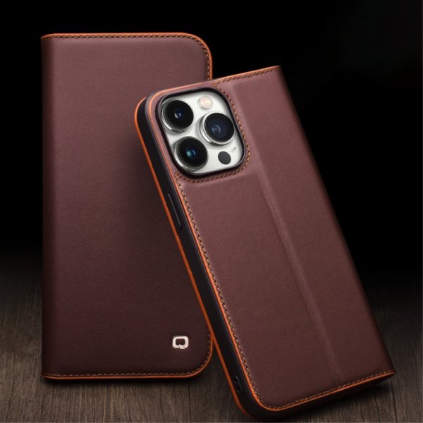 Qialino iPhone 15 Pro Max suojakotelo, aitoa nahkaa, mattapintainen, ruskea