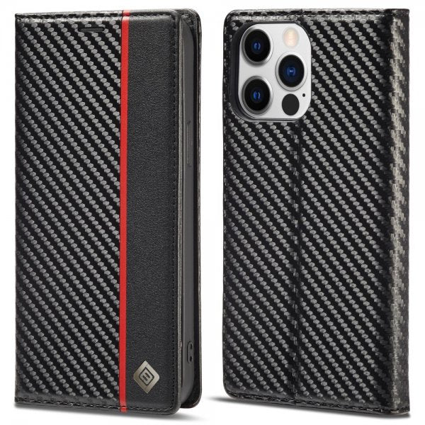 Lc.Imeeke iPhone 15 Pro Max -suojakuori, hiilikuitukuvio, punainen pystyraita, musta