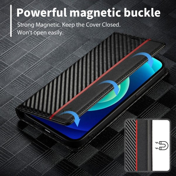 Lc.Imeeke iPhone 15 Pro Max -suojakuori, hiilikuitukuvio, punainen pystyraita, musta