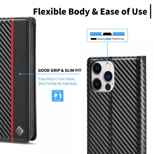 Lc.Imeeke iPhone 15 Pro Max -suojakuori, hiilikuitukuvio, punainen pystyraita, musta