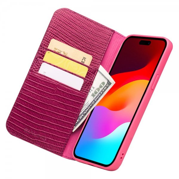 Qialino iPhone 15 Pro Max -kotelo, krokotiilikuvio, pinkki