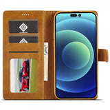 Lc.Imeeke iPhone 15 Pro Max -suojakuori korttipaikalla ja jalustatoiminnolla, vaaleanruskea