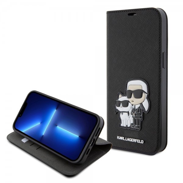 Karl Lagerfeld iPhone 15 Pro Max -kotelo, NFT Karl & Choupette Patch, Saffiano, musta