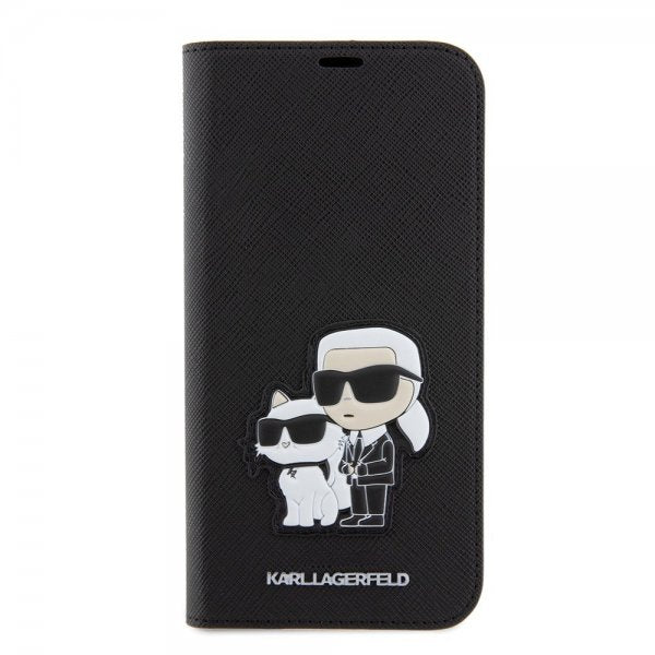 Karl Lagerfeld iPhone 15 Pro Max -kotelo, NFT Karl & Choupette Patch, Saffiano, musta