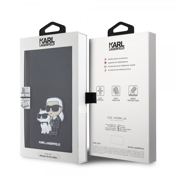 Karl Lagerfeld iPhone 15 Pro Max -kotelo, NFT Karl & Choupette Patch, Saffiano, musta