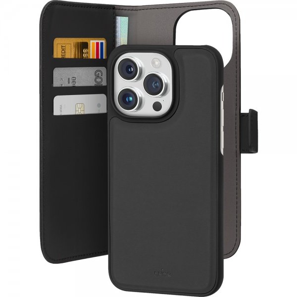 Puro iPhone 15 Pro Max -kotelo, lompakko, irrotettava 2-in-1, musta