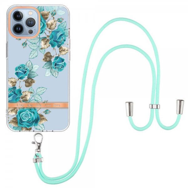 iPhone 15 Pro Max Kuori Kukkakuviointi hihnalla Siniset Ruusut