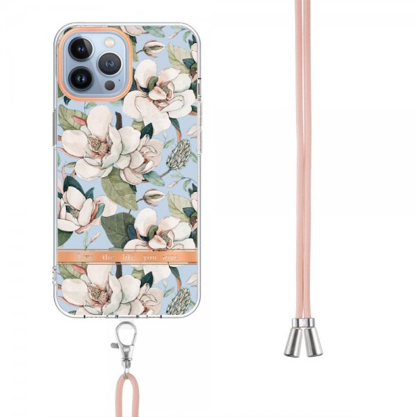 iPhone 15 Pro Max Kuori Kukkakuviointi ja Hihna Vihreä Gardenia