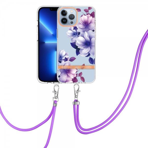 iPhone 15 Pro Max Kuori Kukkakuviointi ja Hihna Liila Begonia