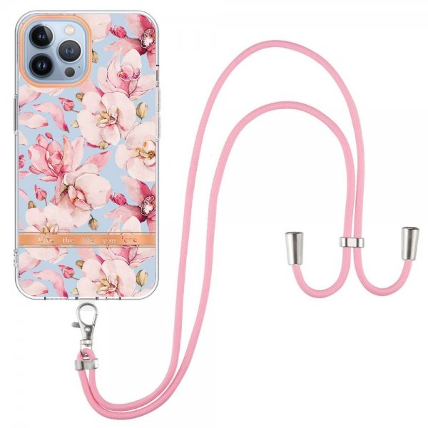 iPhone 15 Pro Max Kuori Kukkakuviointi hihnalla Ruusu Gardenia