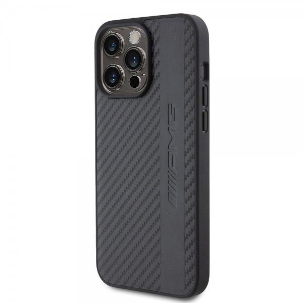 Mercedes Benz iPhone 15 Pro Max Kuori Hiilikuituvaikutelma Nahkainen Raita AMG Musta