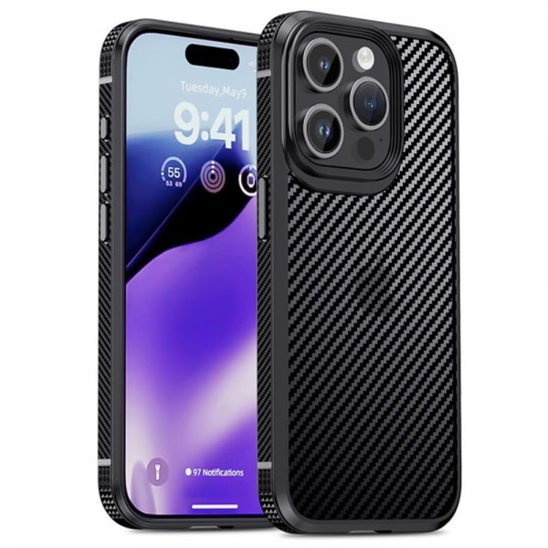 Ipaky iPhone 15 Pro Max -hiilikuitukuvioitu suojakuori, musta