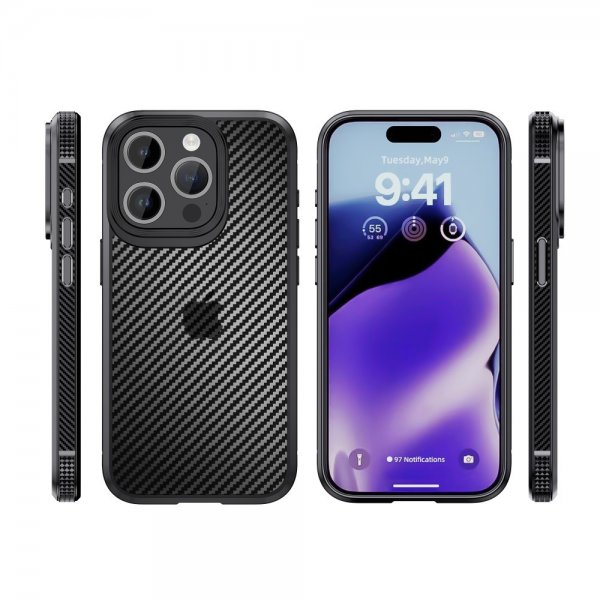 Ipaky iPhone 15 Pro Max -hiilikuitukuvioitu suojakuori, musta