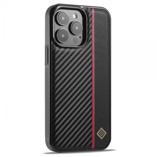 Lc.Imeeke iPhone 15 Pro Max Kuori Hiilikuitutekstuuri Punainen Raita Musta
