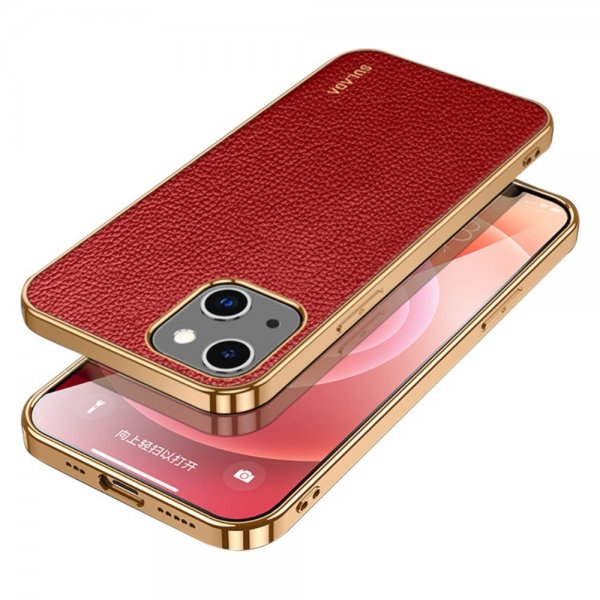 Sulada iPhone 15 Pro Max Kuori Litchikuvioitu Pinnoitettu Reuna Punainen