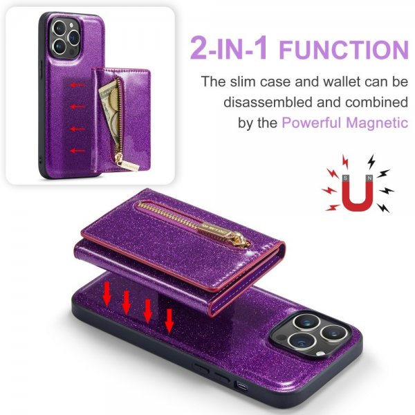 Dg.Ming iPhone 15 Pro Max Kuori M3-sarjan irrotettava korttipidike, kimalteleva, violetti