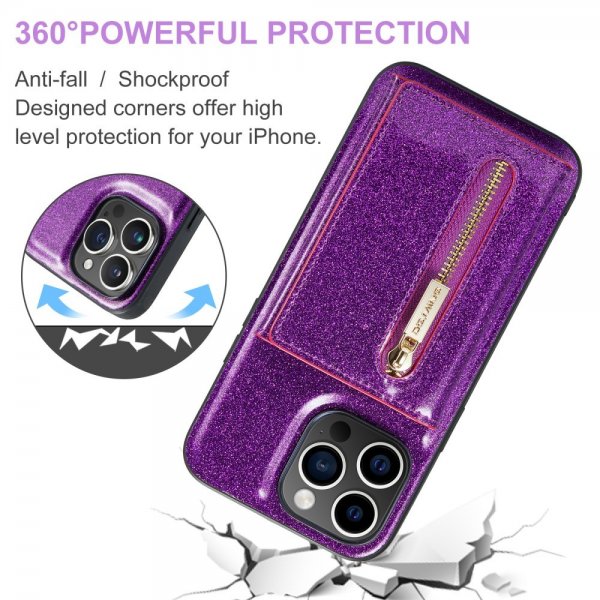 Dg.Ming iPhone 15 Pro Max Kuori M3-sarjan irrotettava korttipidike, kimalteleva, violetti