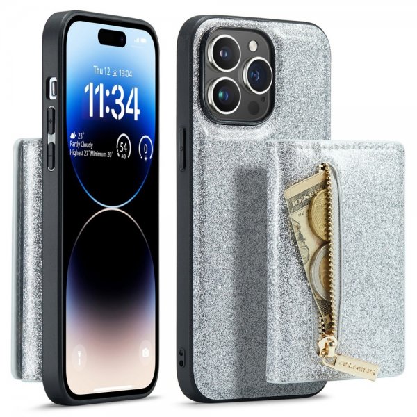 Dg.Ming iPhone 15 Pro Max Kuori M3-sarjan irrotettava korttipidike, kimalteleva hopea