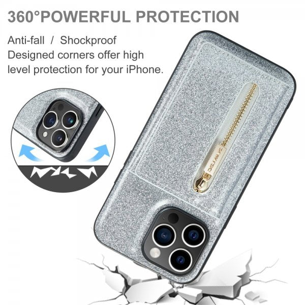 Dg.Ming iPhone 15 Pro Max Kuori M3-sarjan irrotettava korttipidike, kimalteleva hopea