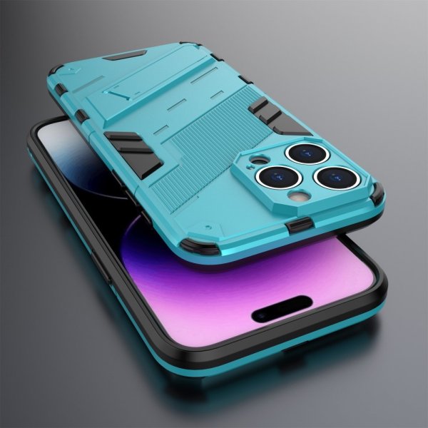 iPhone 15 Pro Max -kotelo jalustalla, vaaleansininen
