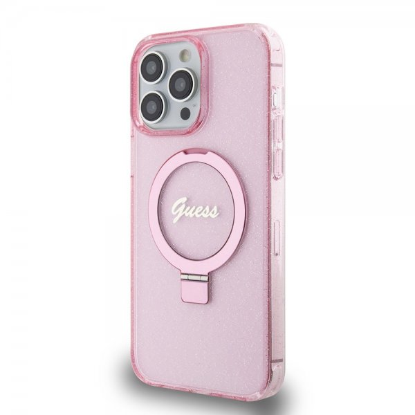 Guess iPhone 15 Pro Max Kuori Sormustandardilla Glitter MagSafe Roosa