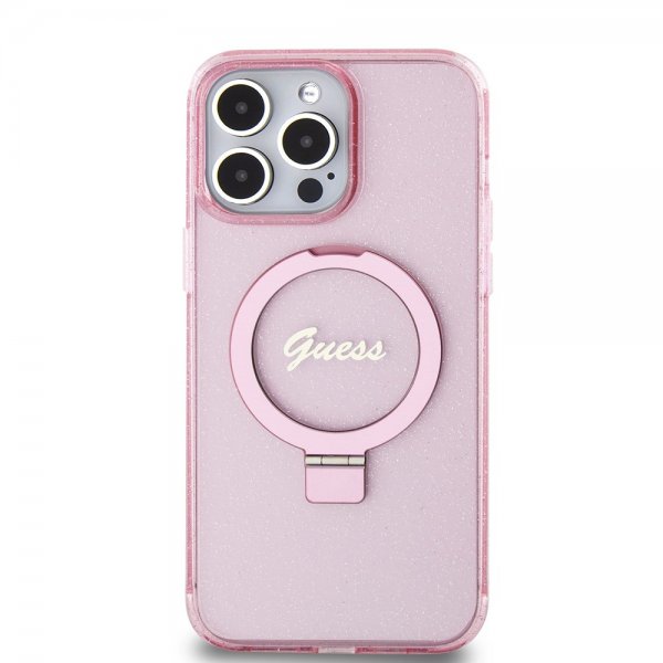 Guess iPhone 15 Pro Max Kuori Sormustandardilla Glitter MagSafe Roosa
