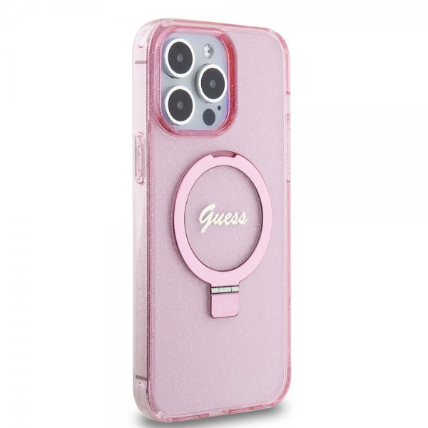 Guess iPhone 15 Pro Max Kuori Sormustandardilla Glitter MagSafe Roosa