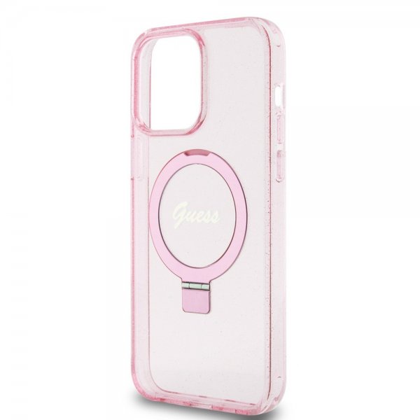 Guess iPhone 15 Pro Max Kuori Sormustandardilla Glitter MagSafe Roosa