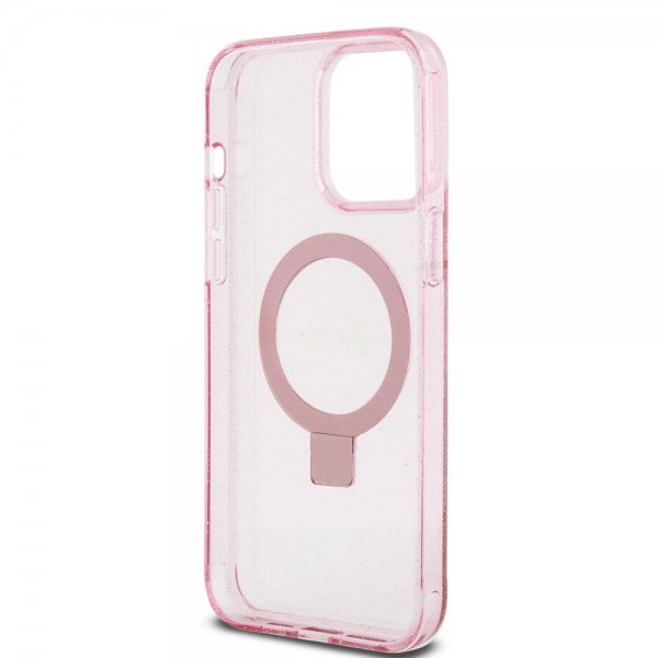 Guess iPhone 15 Pro Max Kuori Sormustandardilla Glitter MagSafe Roosa