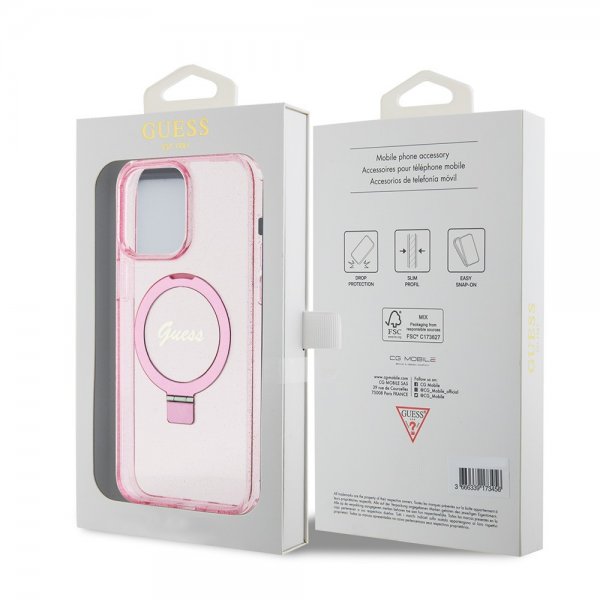 Guess iPhone 15 Pro Max Kuori Sormustandardilla Glitter MagSafe Roosa
