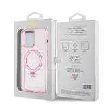 Guess iPhone 15 Pro Max Kuori Sormustandardilla Glitter MagSafe Roosa