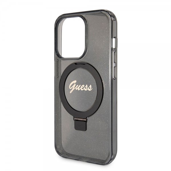 Guess iPhone 15 Pro Max Kuori Sormusteline Glitter MagSafe Musta