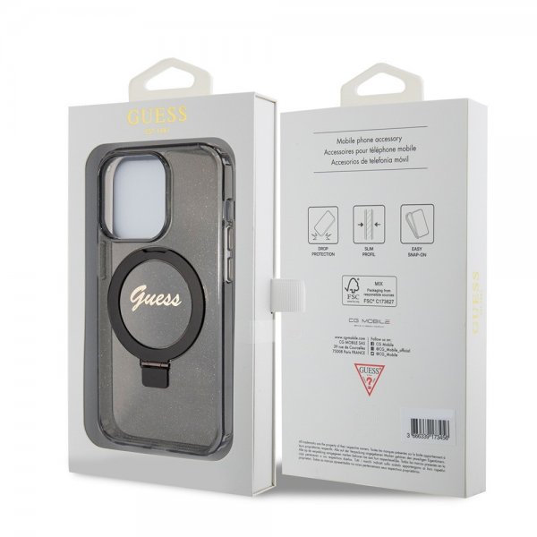 Guess iPhone 15 Pro Max Kuori Sormusteline Glitter MagSafe Musta
