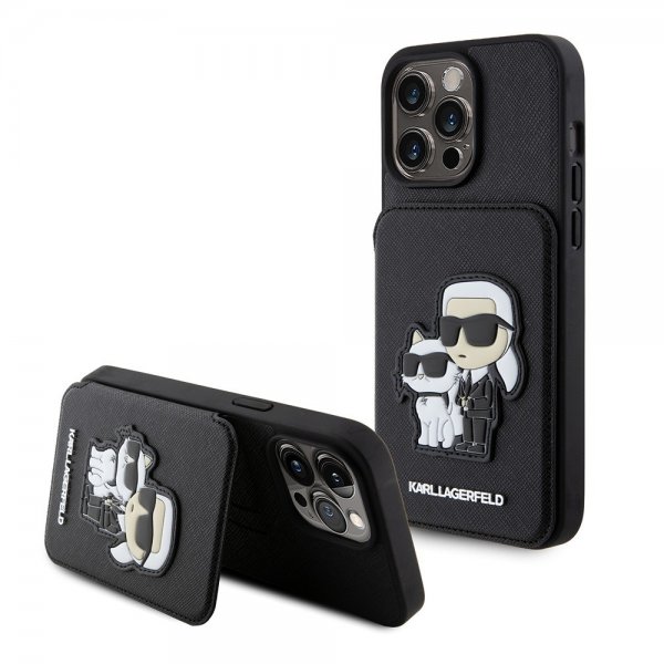 Karl Lagerfeld iPhone 15 Pro Max Suojakuori Saffiano Korttipaikat & Teline Musta