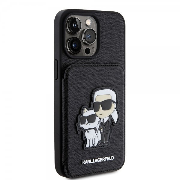 Karl Lagerfeld iPhone 15 Pro Max Suojakuori Saffiano Korttipaikat & Teline Musta